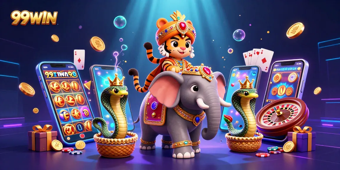 Experience entertainment at its finest with 99WIN's vibrant casino scene featuring a maharaja, elephant, and thrilling games.