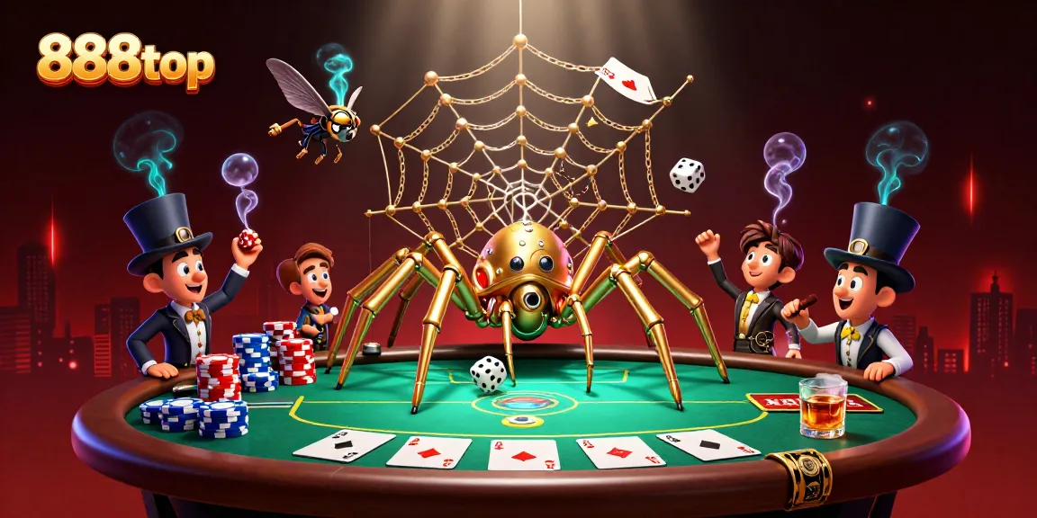 Engaging players in 888top with a vibrant steampunk scene of a golden spider weaved in gambling chaos.