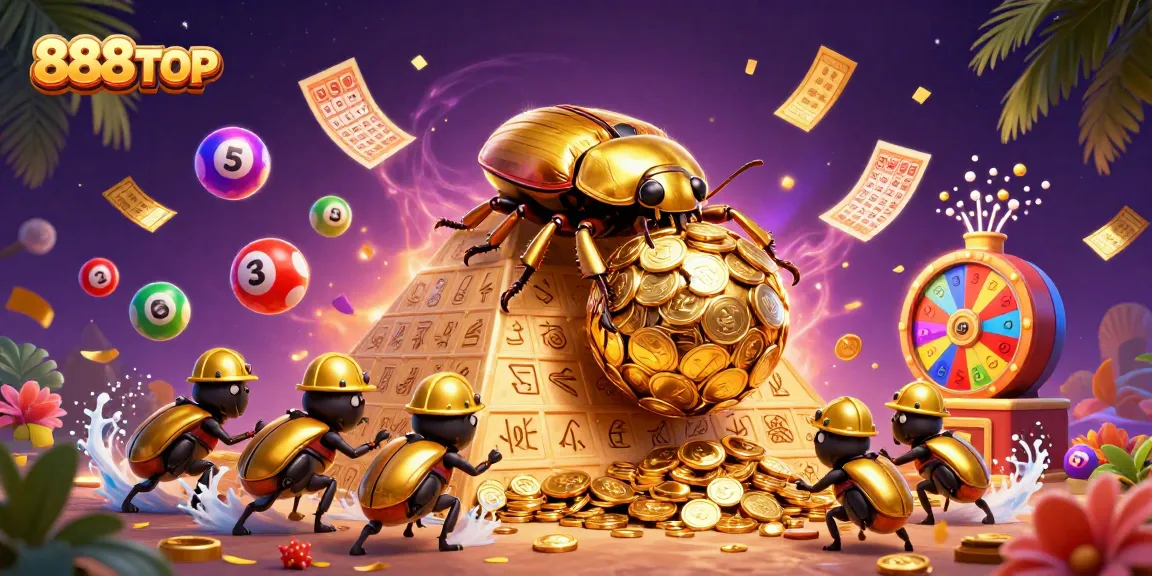 Engage with thrilling games at 888TOP while vibrant lottery elements flutter around in a magical casino scene.