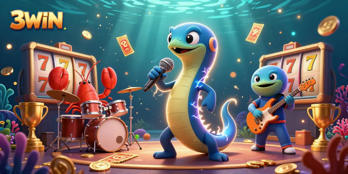 The 3WIN underwater casino scene featuring an electric eel DJ, lobster drummer, and seahorse guitarist brings the excitement of slots alive.