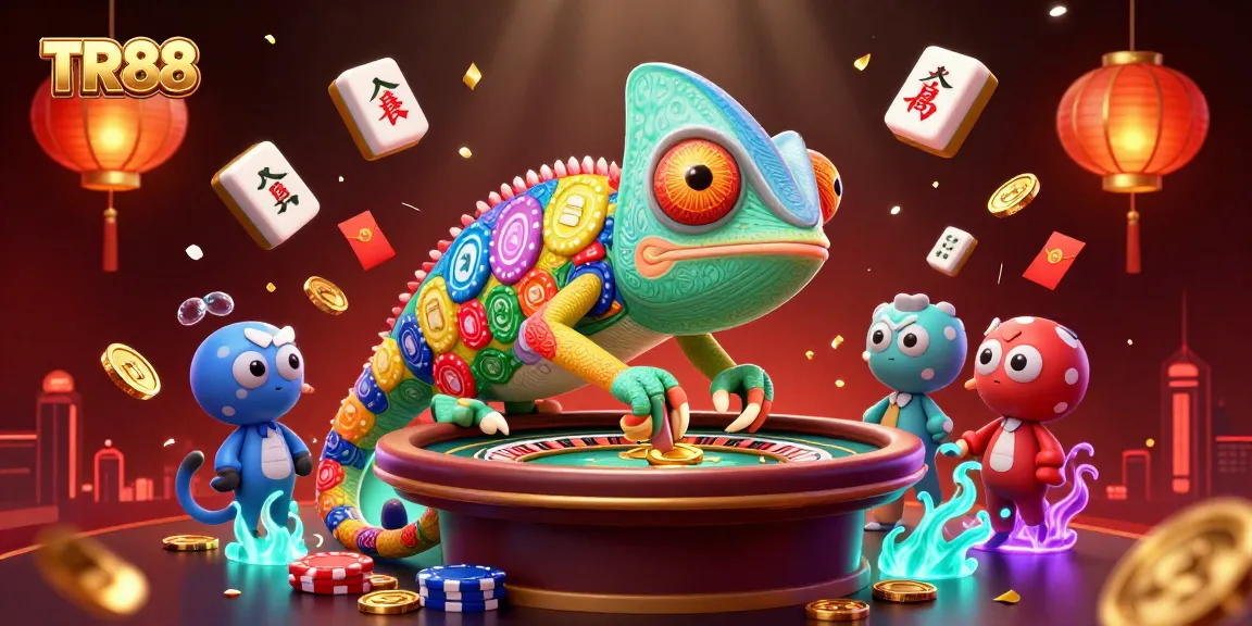 TR88 casino chameleon owner captures golden coins, surrounded by vibrant gambling elements.