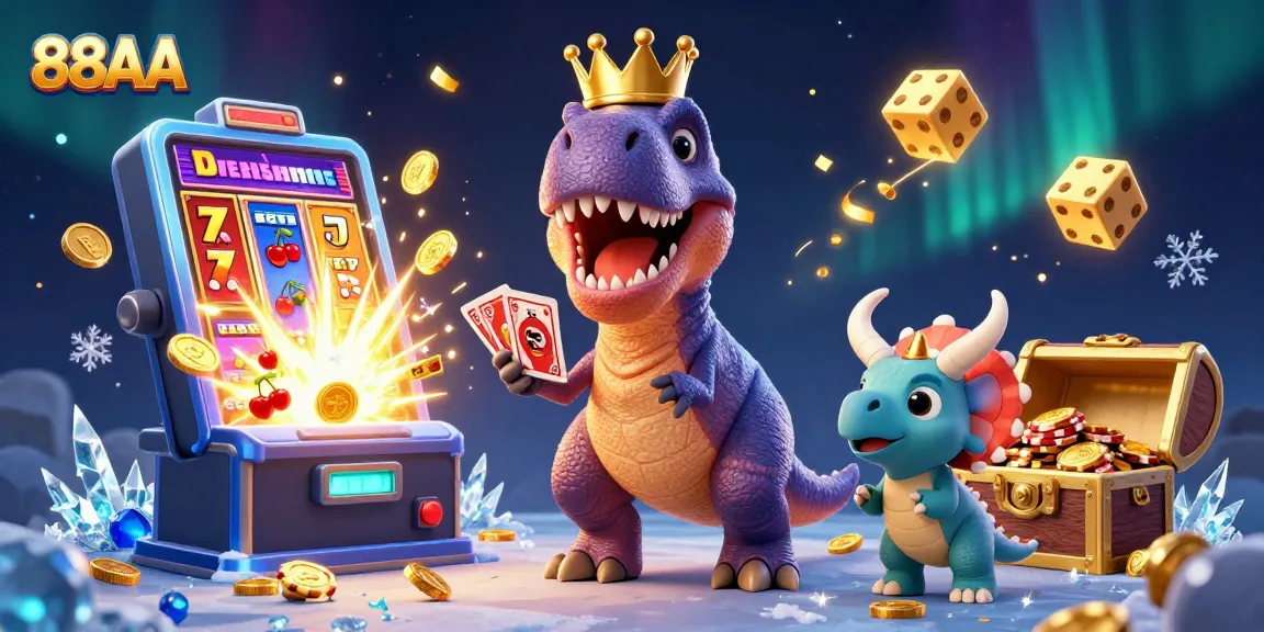 Experience thrilling gaming excitement at 88AA with a T-Rex shuffling cards in a vibrant casino