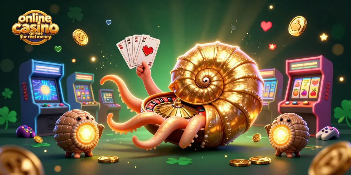 Engage in online casino games for real money with a vibrant 3D scene featuring a giant nautilus and casino elements.